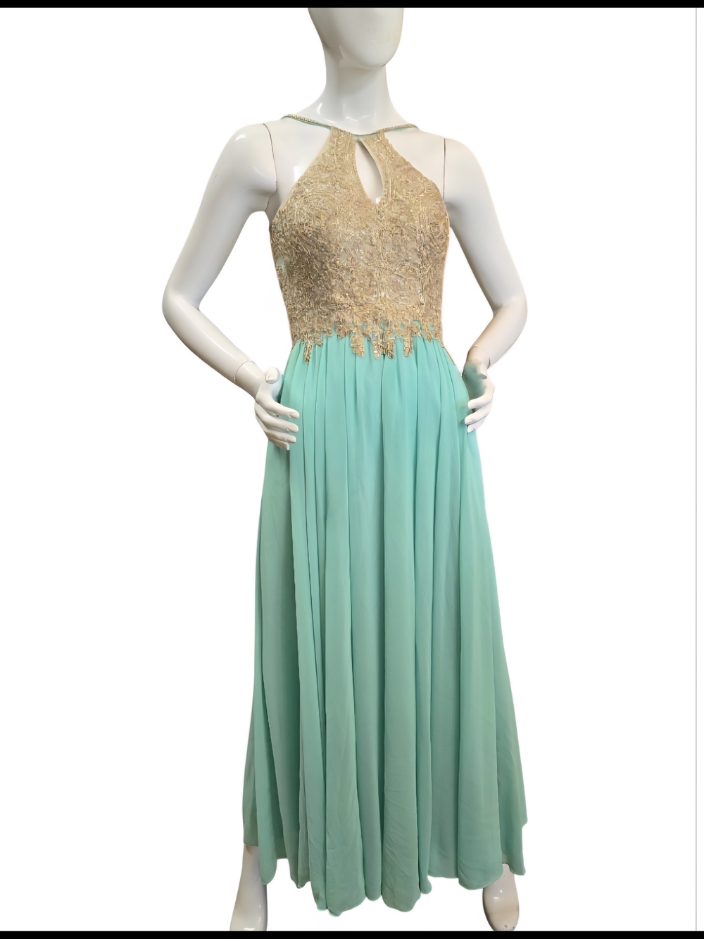 NOX ANABEL Gold Lace Halter Bodice Aqua Maxi Dress Sz XS